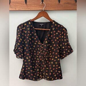 Madewell Floral Button Front Blouse Black Yellow Rust Print Puff Sleeve Size 2